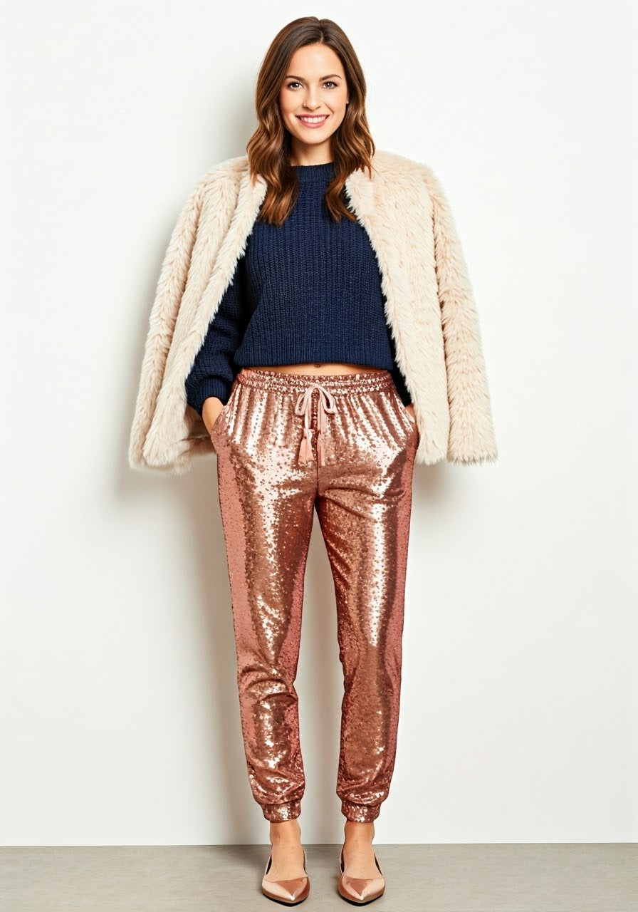 Sequin Joggers Rose Gold